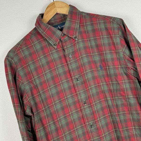 Polo Ralph Lauren Custom Fit Plaid Flannel Button Up Shirt Size Medium Red Green - Picture 1 of 5